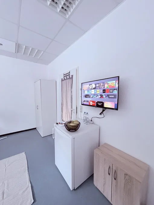 Fernseher und Kühlschrank im Zimmer